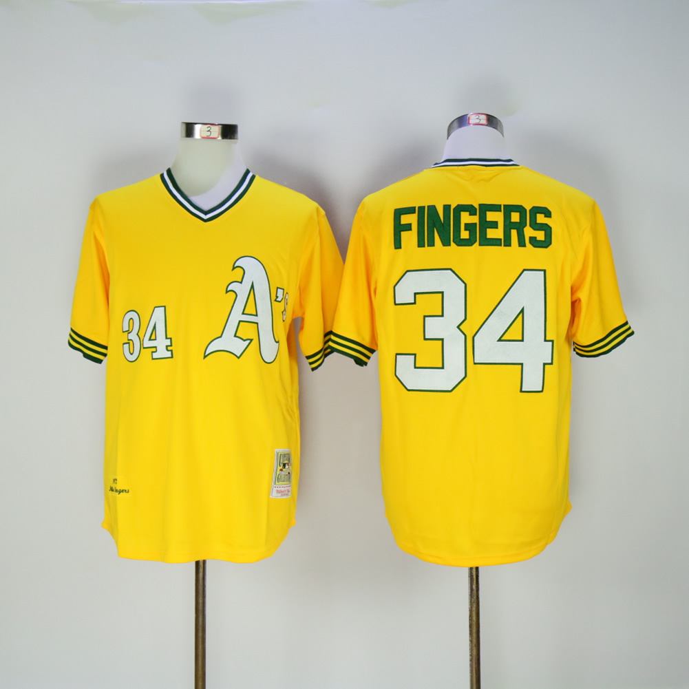 Men Oakland Athletics #34 Fingers Yellow Throwback MLB Jerseys